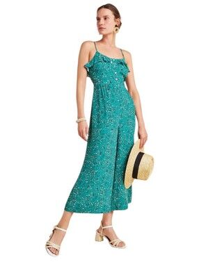 Kachel x Anthropologie Green Leopard Print Ruffle Jumpsuit Size 10 Wide Leg